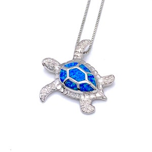 Silver Turtle Pendant, 925 Sterling Silver and Blue Opal Sea Turtle Pendant, Comes with Silver Box Chain
