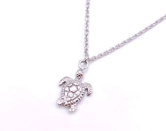 Sterling Silver Turtle Pendant Necklace, Cable Chain
