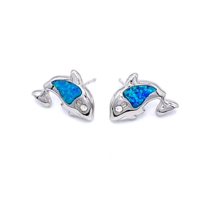 Silver Dolphin Earrings, Silver and Blue Opal Dolphin Stud Earrings