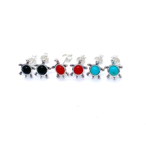 925 Silver Turtle Stud Earrings with Blue, Black or Red Shell, Pushback Style Stud Animal Earrings