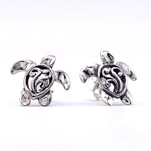 Silver Turtle Stud Earrings, Silver Sea Turtle Studs with Waves on the Shell Design