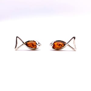 Silver Jesus Fish Earrings, Silver Christian Fish decorated with Baltic Amber
