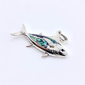 925 Silver Tuna Fish Necklace Pendant with Abalone Shell and a FREE chain