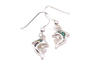 Pendientes de delfín en plata 925 con concha de abulón o concha de nácar