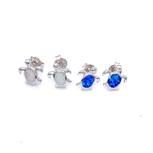 Silver Turtle Earrings, Stud Style Earrings with Blue or White Opal for Shells, Rhodium Plated