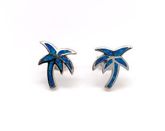 Silver Palm Tree Earrings, Silver and Opal Beach Earrings, Silver Palm Tree Stud Earrings with Blue Opal