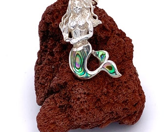 Silver Mermaid Pendant, Silver Mermaid Necklace with Abalone Shell, comes with a FREE chain