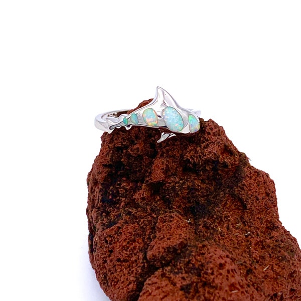 White Gold Shark Ring, Shark Ring with Opal, Gold Shark Ring with Opal