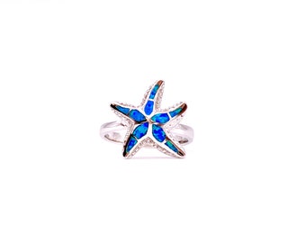 925 Sterling Silver Starfish Ring with Blue Opal