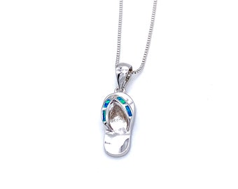 Silver Sandal Necklace, Silver Sandal Pendant and Chain with Blue Opal and CZ Stone