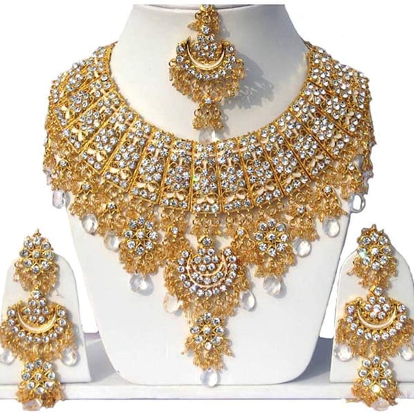 Handmade Indian Jewellery Bollywood Wedding Bridal Pearl Kundan Traditional Zircon Gold Tone Necklace Set Jewelry Choker  Earrings Tikka