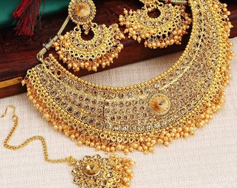 Handmade Indian Jewelry Bollywood Wedding Bridal Gold Plated Necklace Set Earrings Tikka 4 Pcs