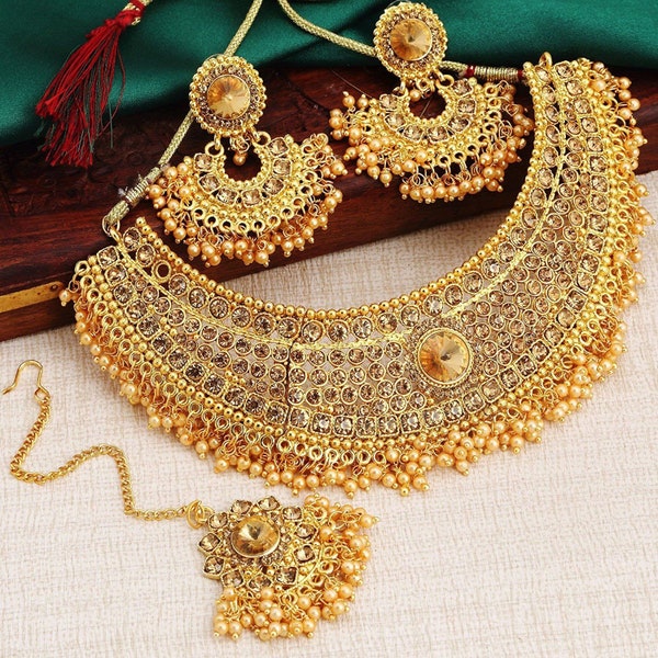 Handmade Indian Jewelry Bollywood Wedding Bridal Gold Plated Necklace Set Earrings Tikka 4 Pcs