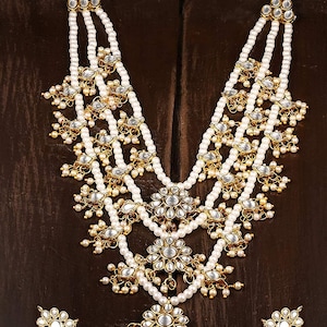 Hand Made Indian Bollywood Wedding Jewelry Jwellery Raani-Haar 3 Rows Long Kundan Pearl Bridal Gold P Necklace Set Earrings White 3 Pcs