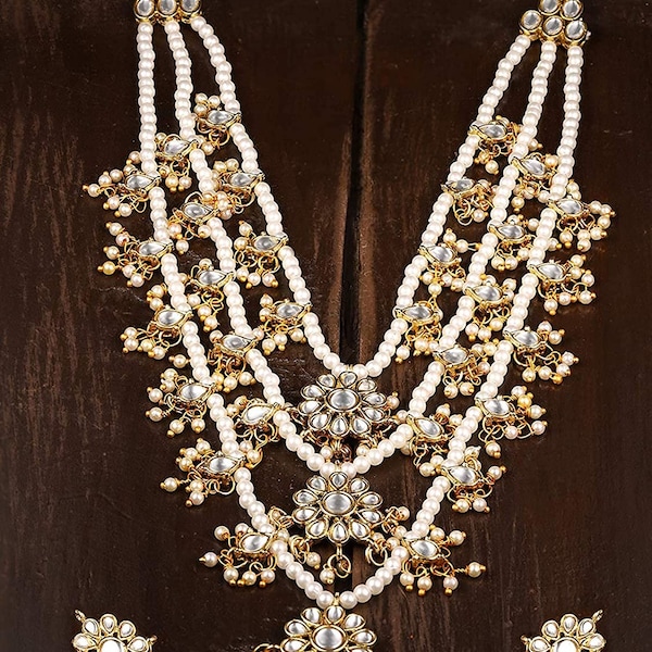 Hand Made Indian Bollywood Wedding Jewelry Jwellery Raani-Haar 3 Rows Long Kundan Pearl Bridal Gold P Necklace Set Earrings White 3 Pcs