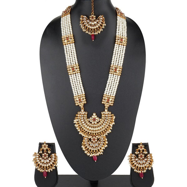 Hand Made Indian Bollywood Wedding Jewelry Jewellery Raani-Haar 5 Rows Long Kundan Pearl Bridal Gold P Necklace Set Earrings Tikka 4 Pcs