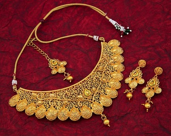 Handmade Indian Jewelry Bollywood Wedding Bridal Gold Plated Necklace Set Earrings Tikka 4 Pcs