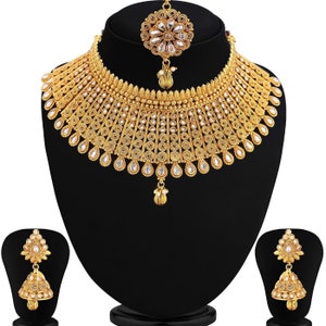 Handmade Indian Jewelry Jewellery Bollywood Wedding Bridal Gold Plated Choker Necklace Set Earrings Tikka 4 Pcs