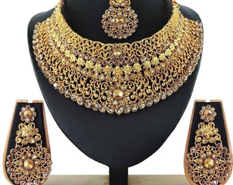 Handmade Indian Jewelry Jewellery Bollywood Wedding Bridal Gold Plated Choker Necklace Set Earrings Tikka 4 Pcs
