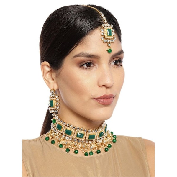 Sabyasachi Inspired Indian Jewellery Bollywood Pakistani Wedding Bridal Pearl Kundan Jodha Akbar Gold Tone Necklace Set Jewelry Choker Green