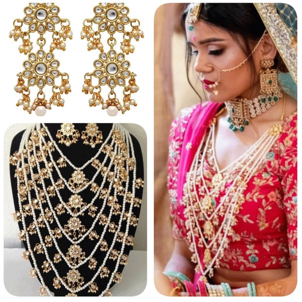 Hand Made Indian Bollywood Wedding Jewelry Jwellery Raani-Haar 7 Rows Long Kundan Pearl Bridal Gold P Necklace Set Earrings White 3 Pcs