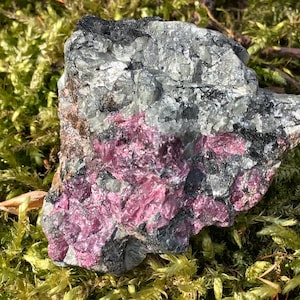 Peut inclure: Gros plan sur une roche rugueuse, grise et noire avec des cristaux roses incrustés. La roche est posée sur un lit de mousse verte.