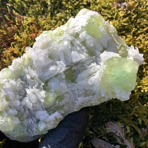 May include: A large, raw crystal cluster with a pale green and white color palette. The crystal has a rough, textured surface with visible crystalline structures. The natural stone is set against a backdrop of green moss.