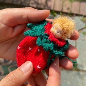 Handmade Waldorf Strawberry Doll: Mohair Hair, Cashmere Pouch