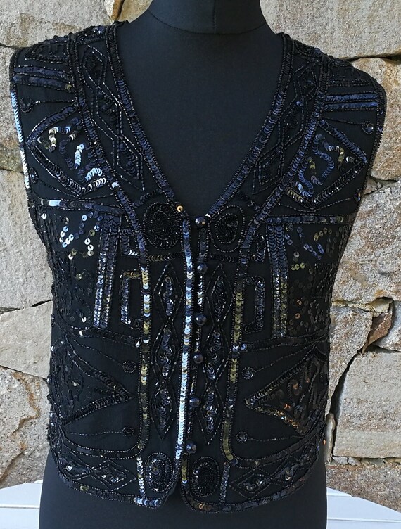 Black Sequin Waistcoat, Sequin Vest, Sleeveless S… - image 4