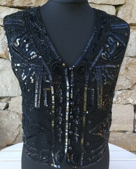 Black Sequin Waistcoat, Sequin Vest, Sleeveless S… - image 3