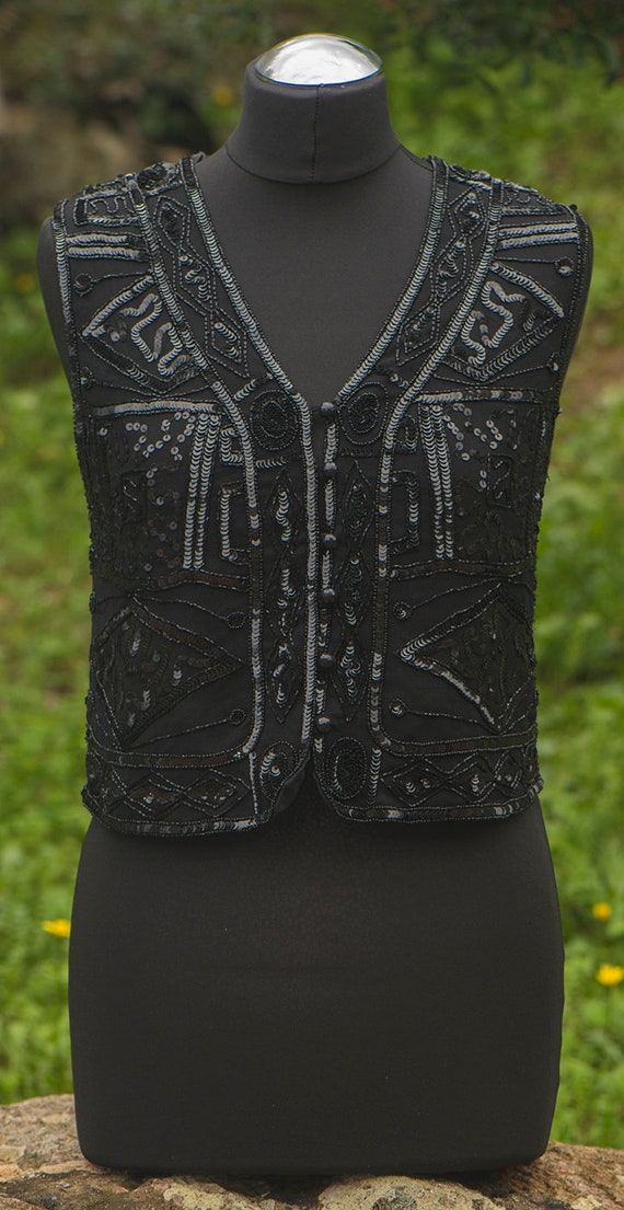 Black Sequin Waistcoat, Sequin Vest, Sleeveless S… - image 1