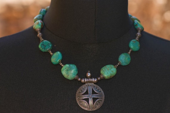 Antique Turquoise Necklace, Vintage Untreated Turq