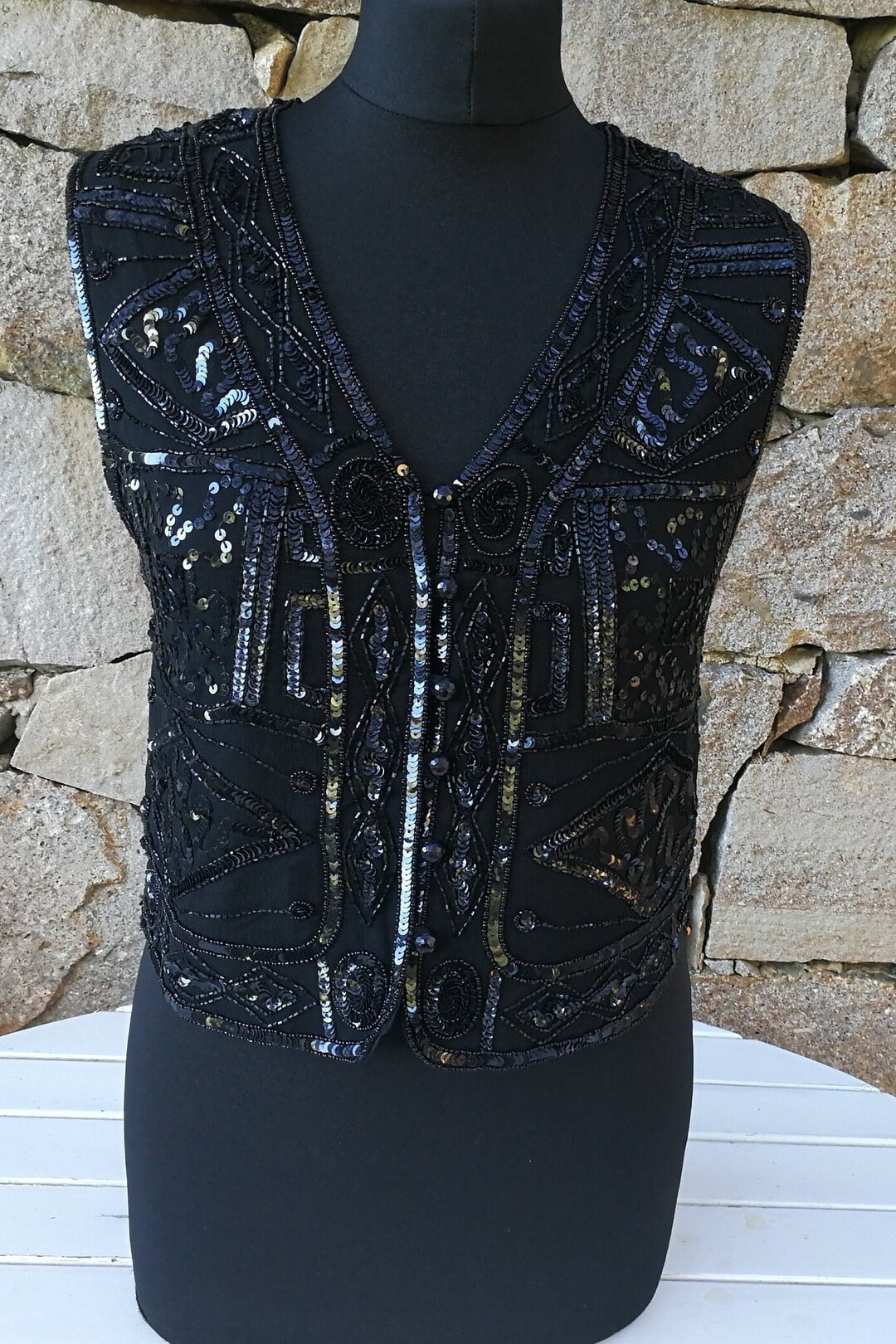 Black Sequin Vest Black Beaded Vest Vintage Beaded Top Etsy