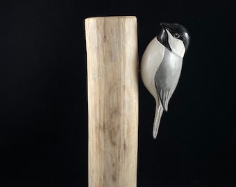 Hand-painted Wooden Chickadee, Handmade Carved Wood Bird