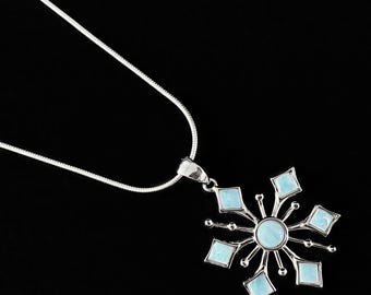 Sterling Silver Snowflake Necklace with Natural Larimar Stones