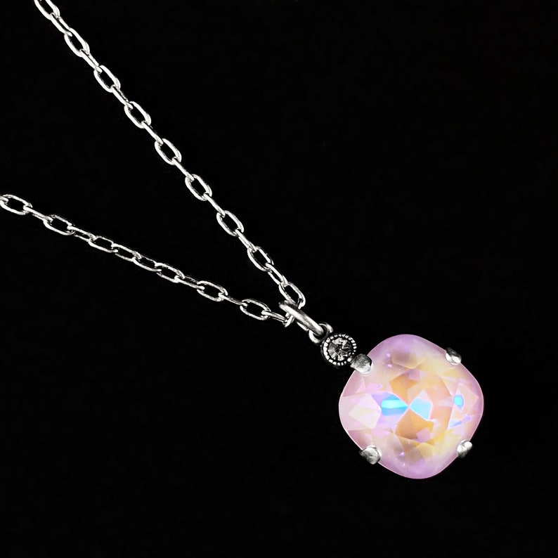 Cushion Cut Swarovski Crystal Pendant Necklace, Cotton Candy Pink La ...