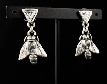 Silver Bee Earrings with Clear Crystals, Handmade, Nickel Free - Noir