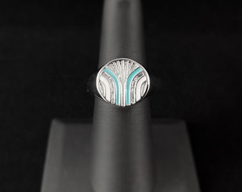 1920s Art Deco Style Silver Signet Ring with Turquoise and White Banded Lines - South Beach, Size 8