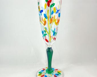 Green Stem Tree of Life Venetian Glass Champagne Flute  - Handmade in Italy, Colorful Murano Glass