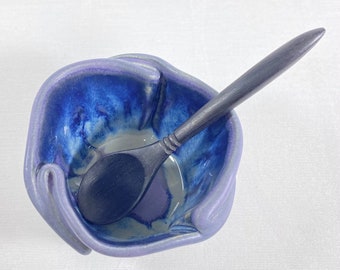 Handmade Purple and Blue Tiny Pot with Serving Spoon, Functional and Decorative Pottery