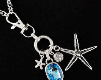 Long Silver Necklace with Blue Crystal and Starfish Pendant, Handmade, Nickel Free - Noir