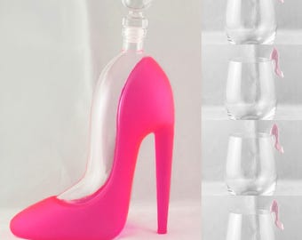 Pink High Heel Decanter and Set of 4 Glasses