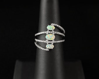 Sterling Silver Ring with Oval White Opal Stones, Size 6