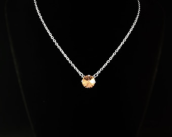 Rose Peach Swarovski Crystal Silver Chain Necklace - VBC
