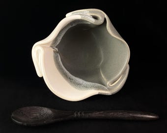 Handmade Gray and White Tiny Pot with Serving Spoon, Functional and Decorative Pottery