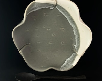 Handmade Gray and White Brie Dish with Spoon, Functional and Decorative Pottery