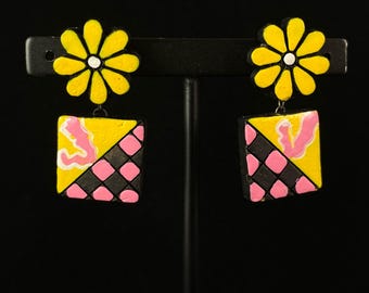 Handmade Vibrant Geometric Floral Clay Earrings