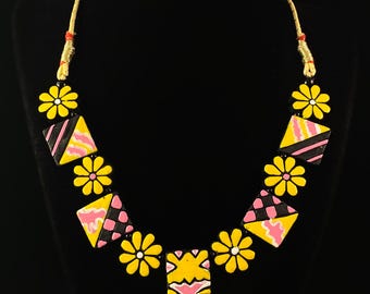 Handmade Vibrant Geometric Floral Clay Necklace