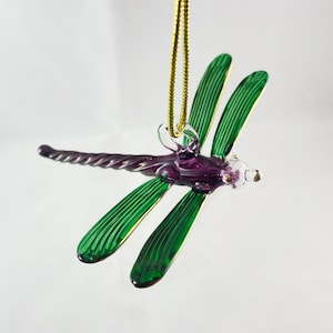 Hand Blown Glass Dragonfly Ornament - Green/Purple