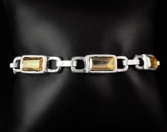 Silver Chain Link Bracelet with Yellow Crystals, Handmade, Nickel Free - Noir